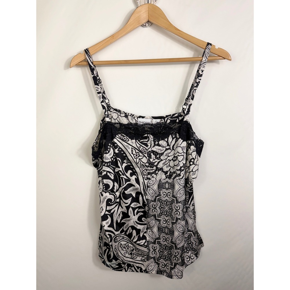Chicos Silk Blend Camisole Black White Paisley Floral Lace Trim Tank Top Size 2